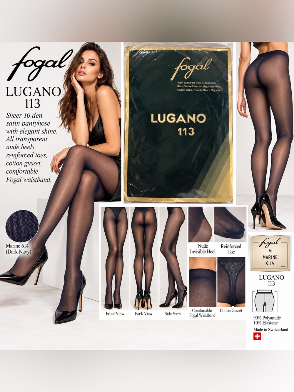Vintage Fogal Lugano 113 Pantyhose M Marine 614 10 Den Sheer Satin Switzerland